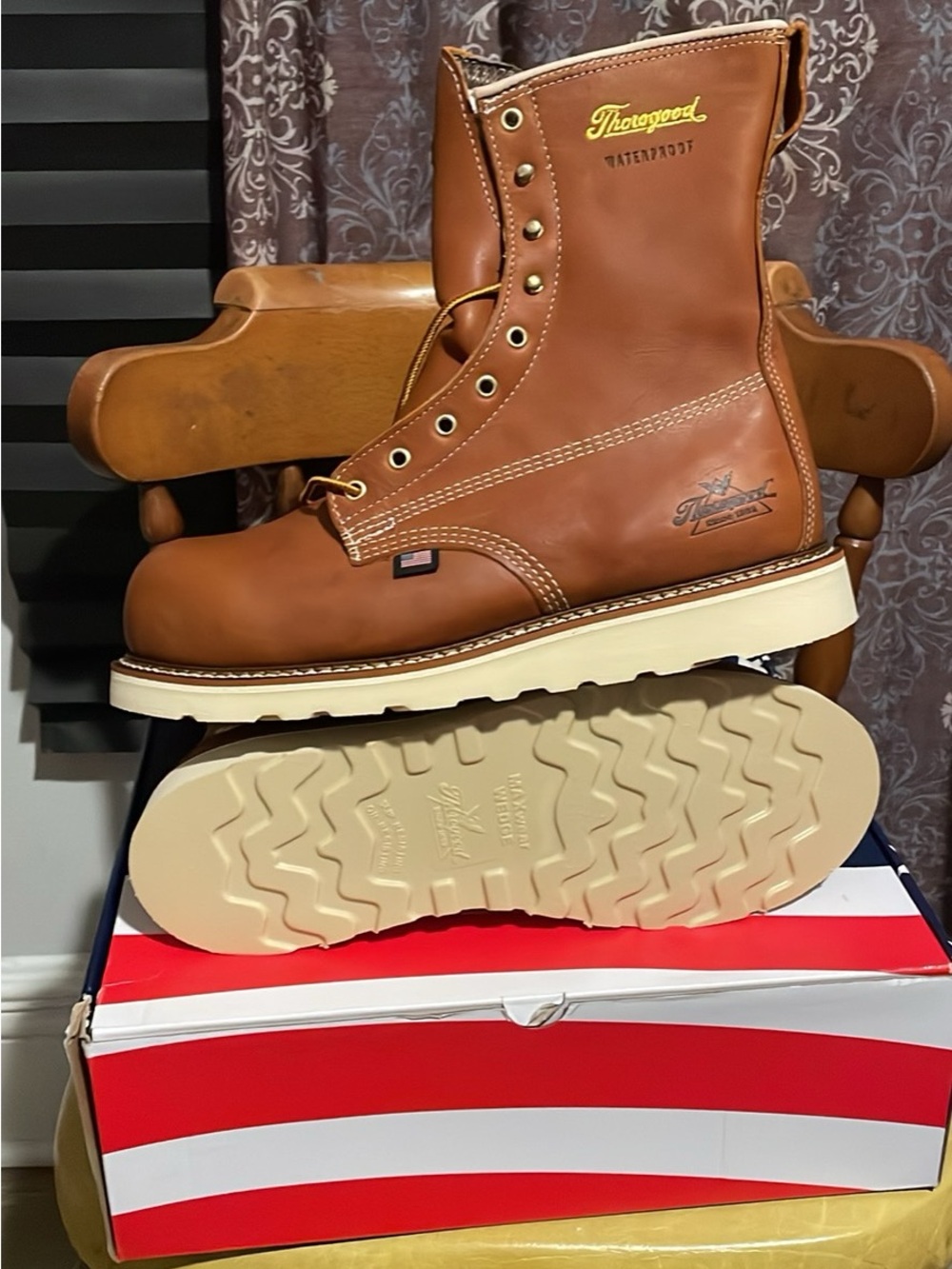 Thorogood Men's Brown Moc Toe Work Boot with Cream Wedge Sole